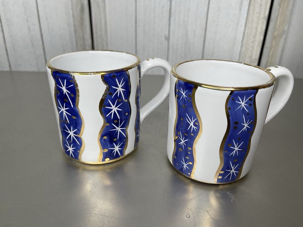 Sberna Deruta Hand Painted Italy Pottery Mug Cup Gold Blue Stars Set Of 2